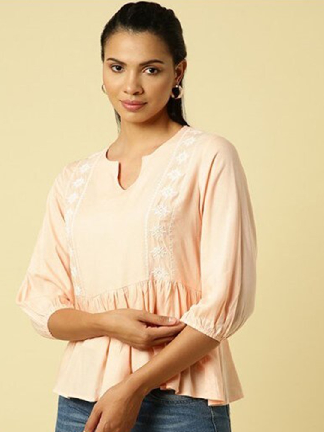 

Aila Floral Embroidered Notched Neck Top, Peach