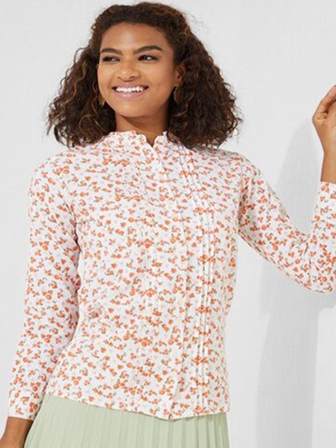 

Aila Floral Printed Mandarin Collar Cotton Shirt Style Top, White