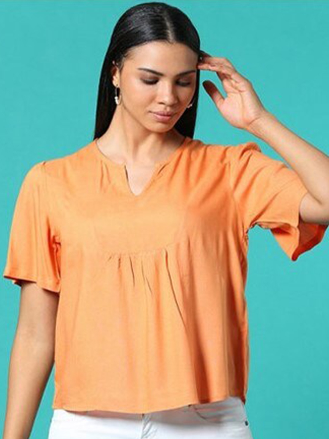 

Aila Round Neck Flared Sleeves Top, Orange