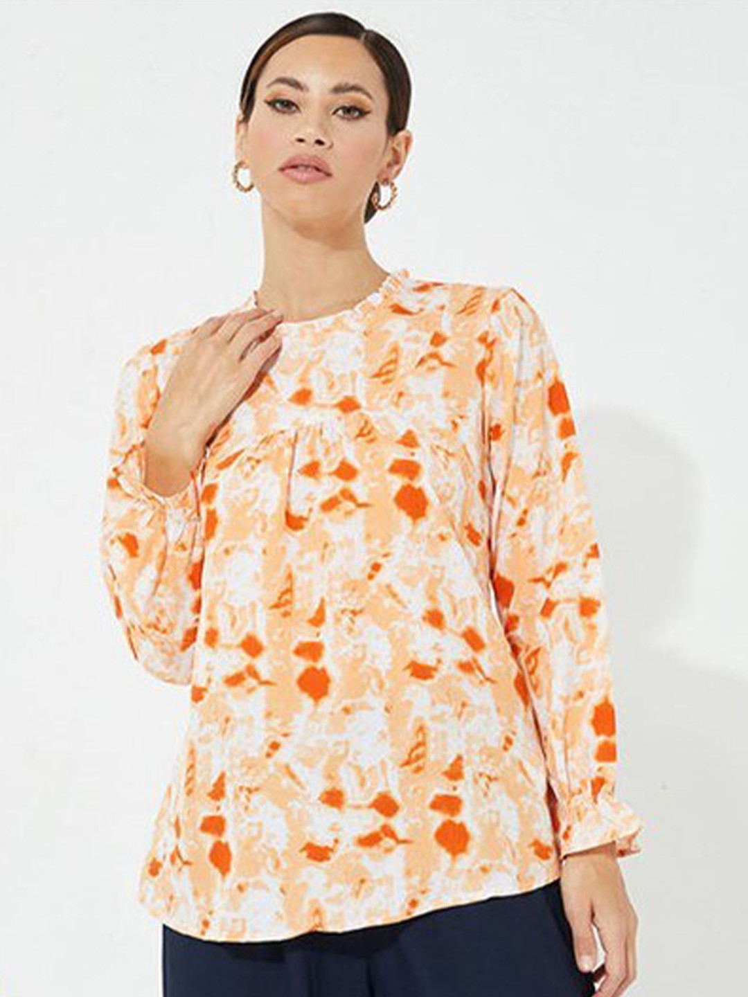 

Aila Abstract Printed Bell Sleeves Cotton Top, Orange
