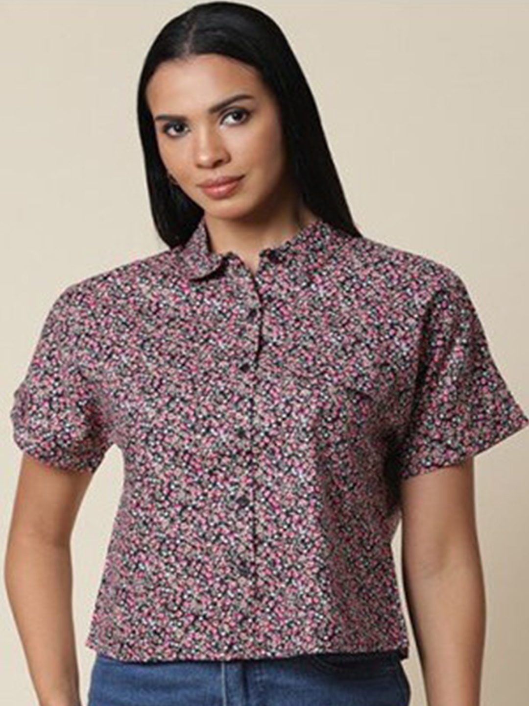 

Aila Floral Printed Spread Collar Casual Shirt, Black