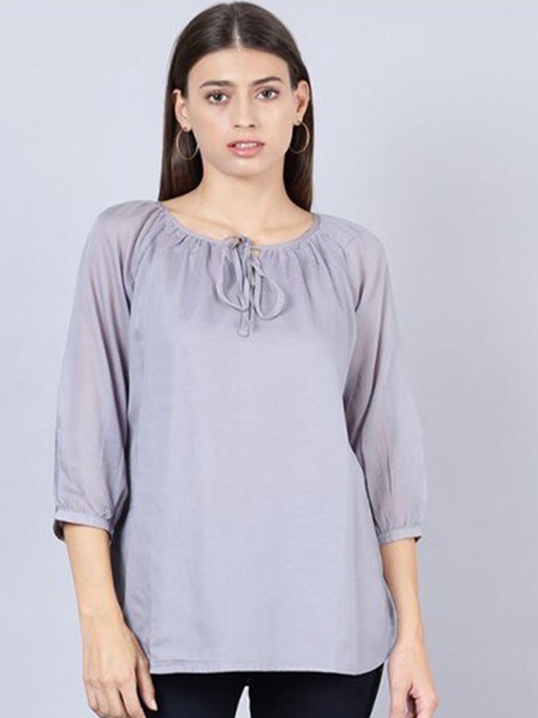 

Aila Tie Up Neck Cotton Regular Top, Grey