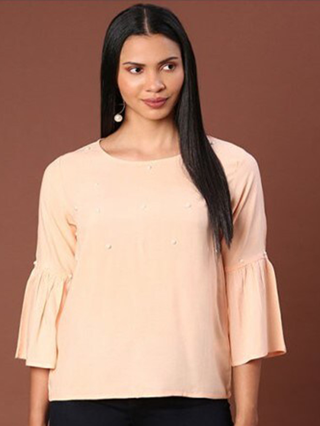 

Aila Round Neck Bell Sleeves Cotton Top, Peach