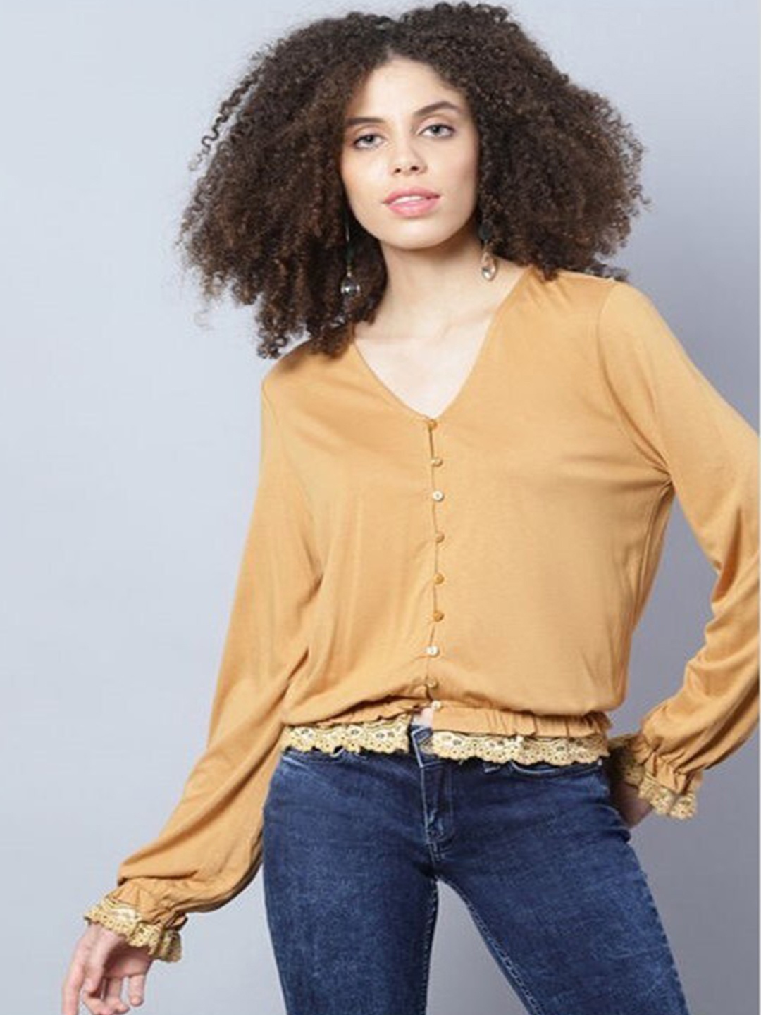 

Aila V-Neck Lace Inserts Cotton Top, Brown