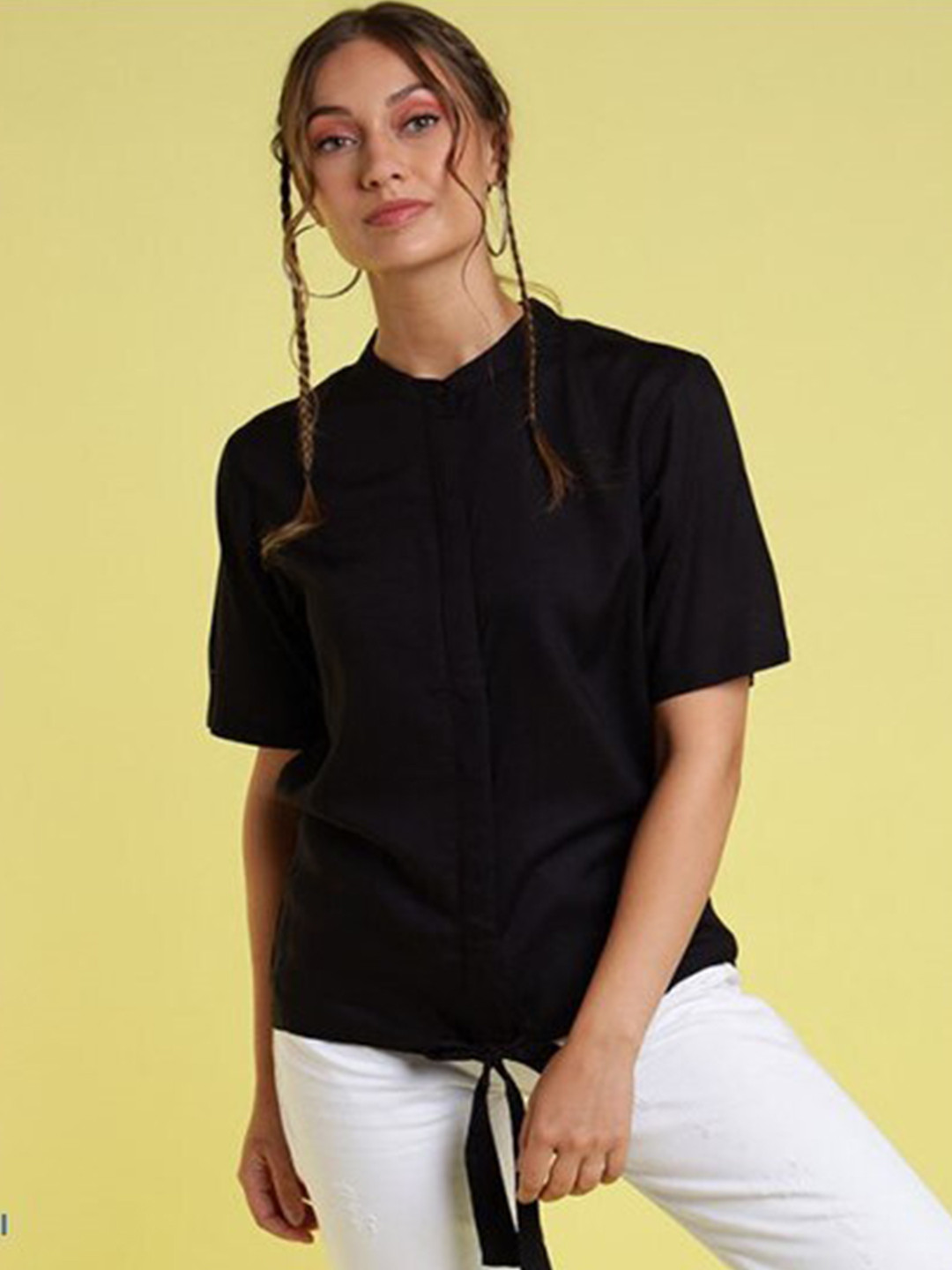 

Aila Mandarin Collar Shirt Style Top, Black