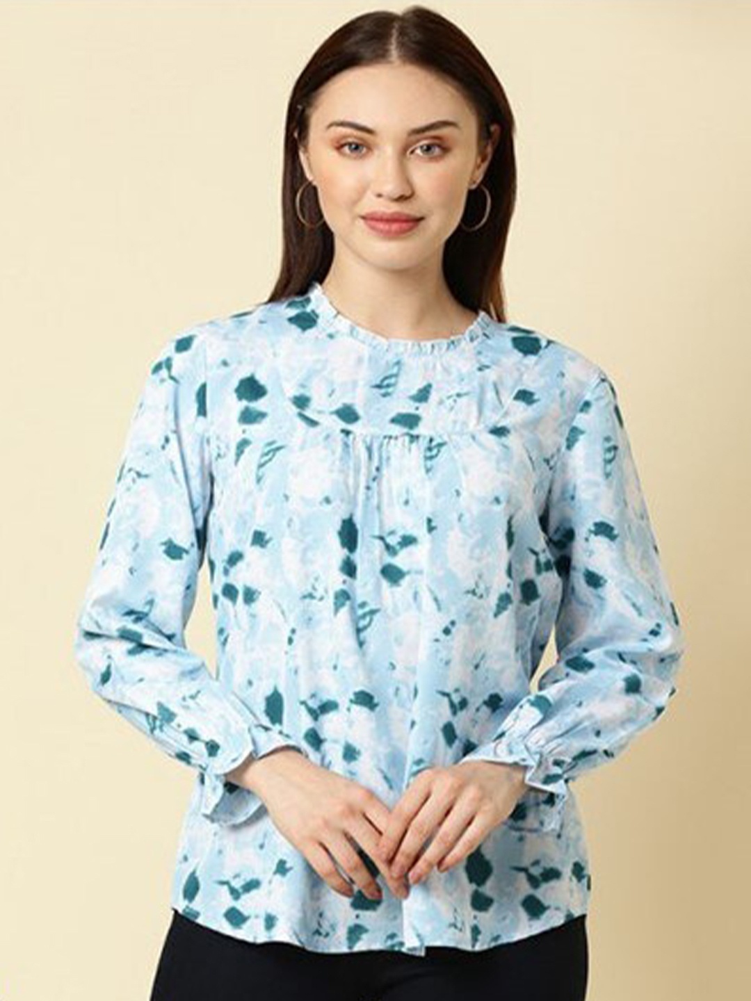 

Aila Abstract Printed High Neck Cotton Top, Green
