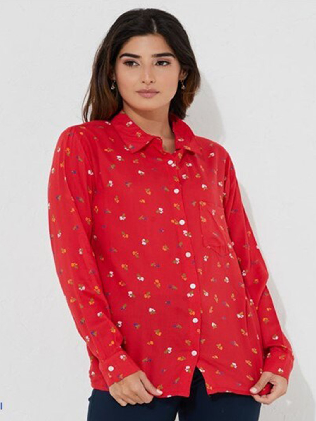 

Aila Floral Printed Shirt Collar Cuffed Sleeves Cotton Shirt Style Top, Red
