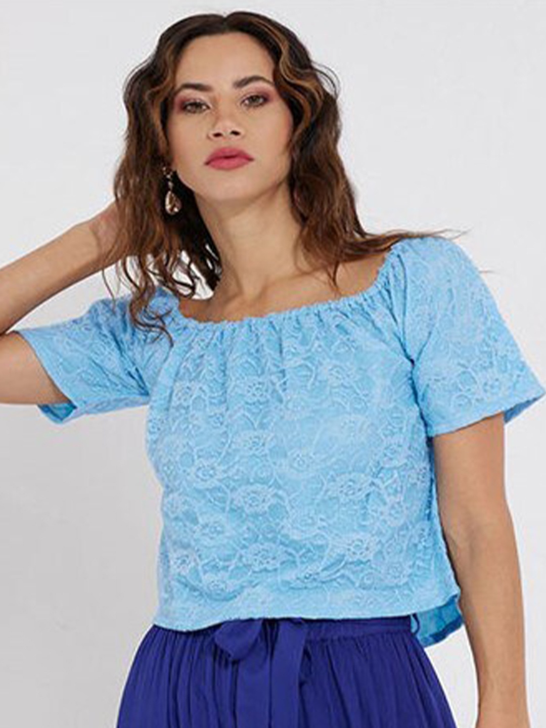 

Aila Self Design Square Neck Cotton Top, Blue