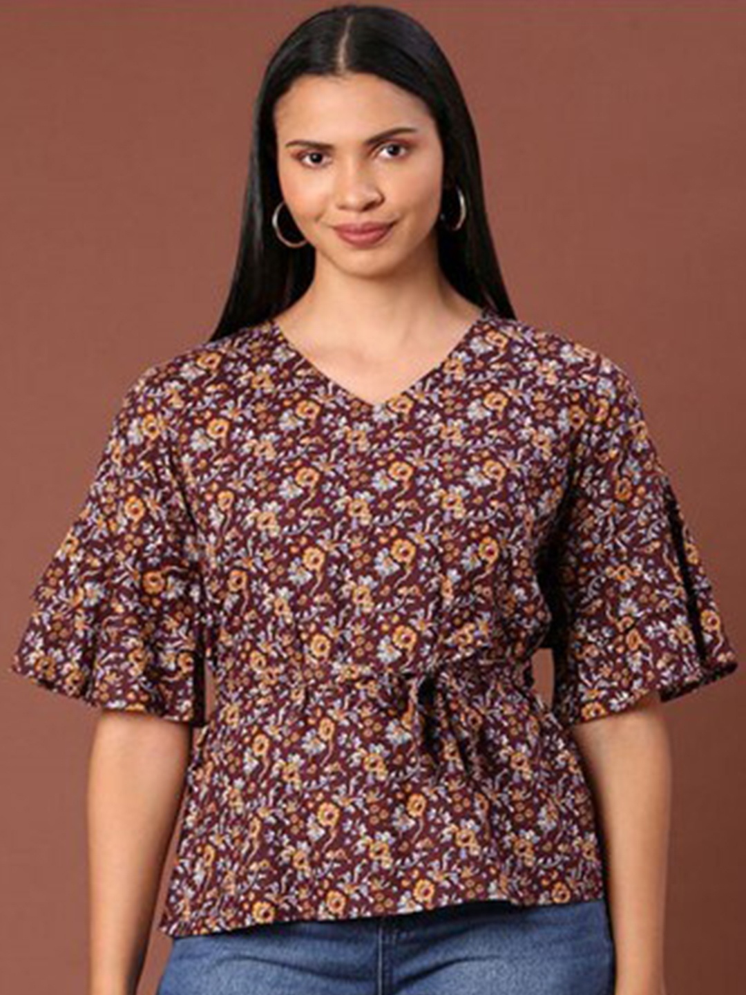 

Aila Floral Printed V-Neck Top, Brown