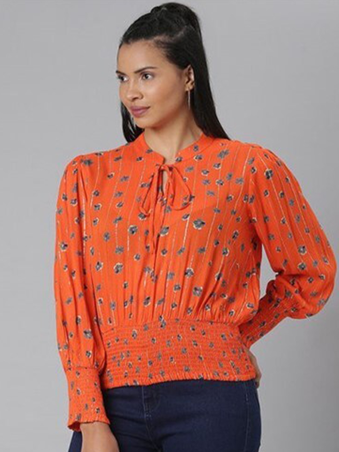 

Aila Floral Print Tie-Up Neck Cuffed Sleeves Cotton Blouson Top, Orange