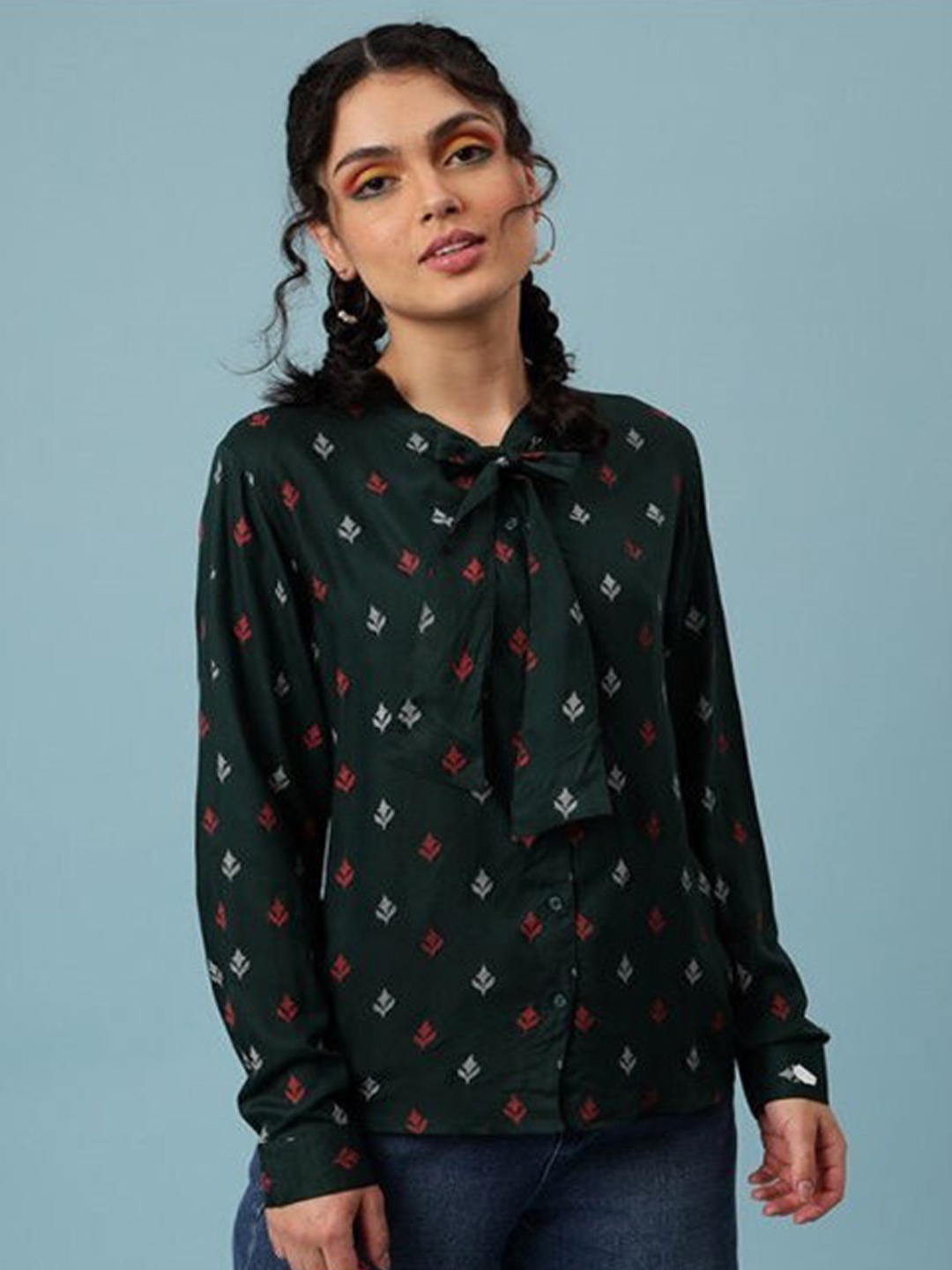 

Aila Ethnic Motifs Printed Tie-Up Neck Cotton Shirt Style Top, Green