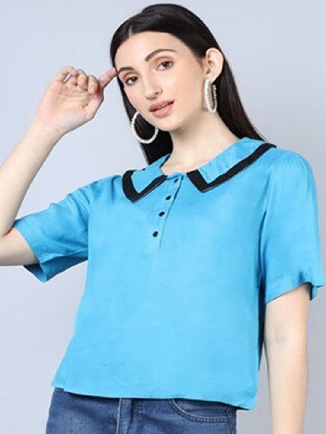 

Aila Above The Keyboard Collar Short Sleeves Shirt Style Top, Blue