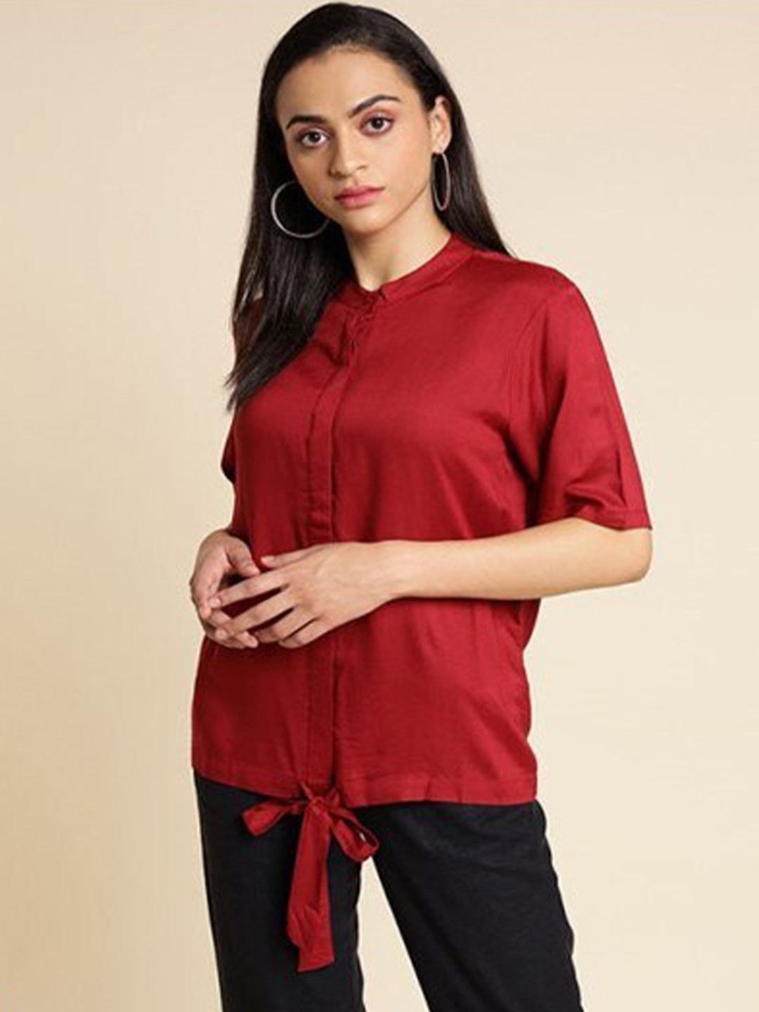 

Aila Mandarin Collar Top, Burgundy