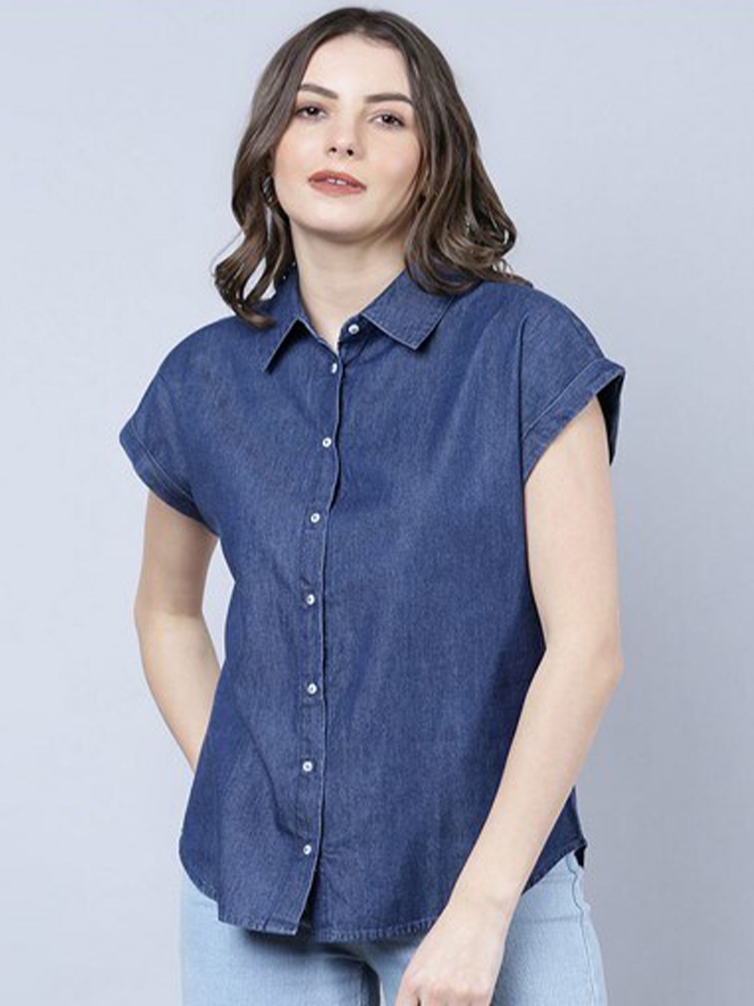 

Aila Cotton Shirt Style Top, Navy blue