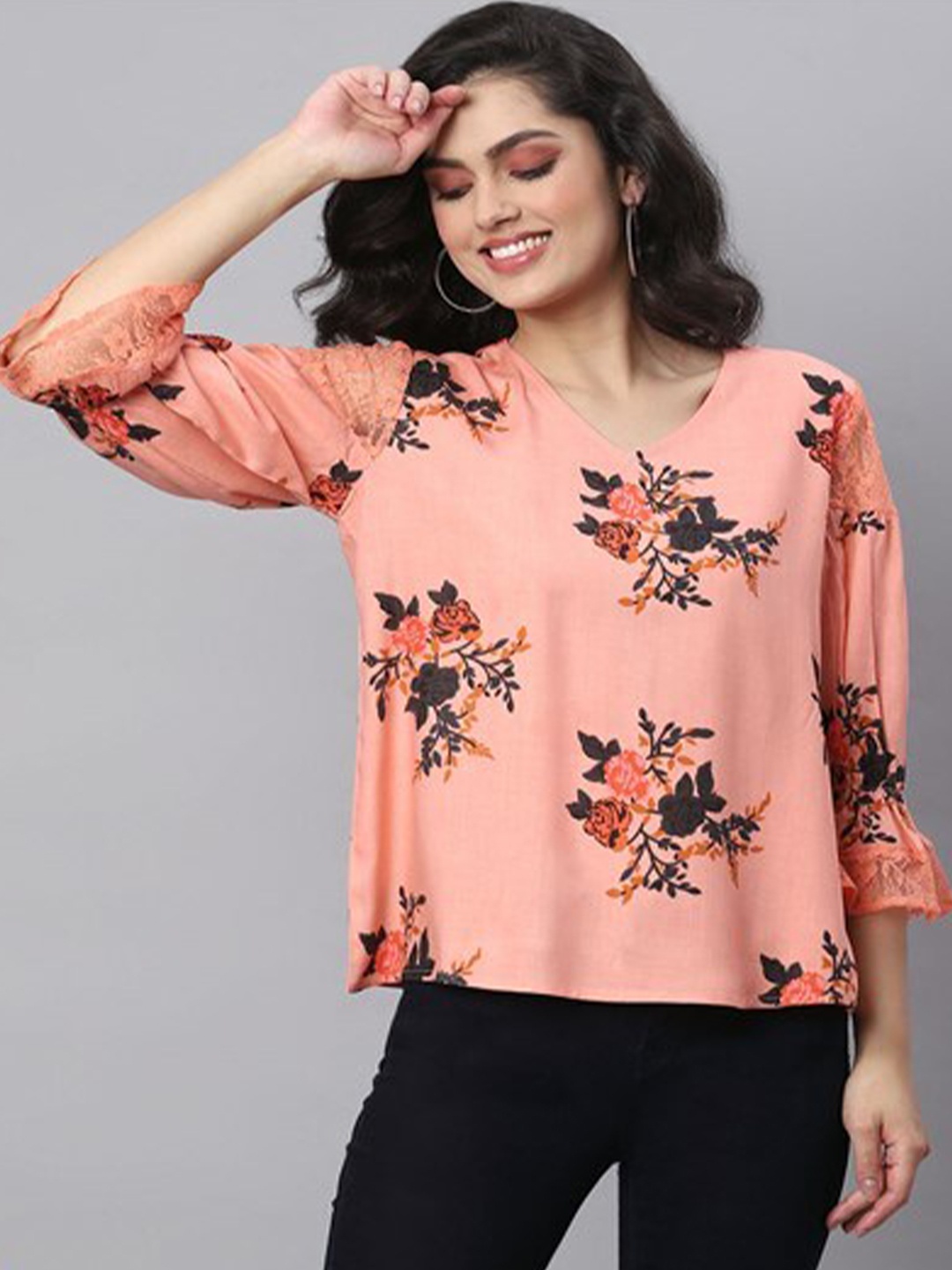 

Aila Floral Printed V-Neck Top, Orange