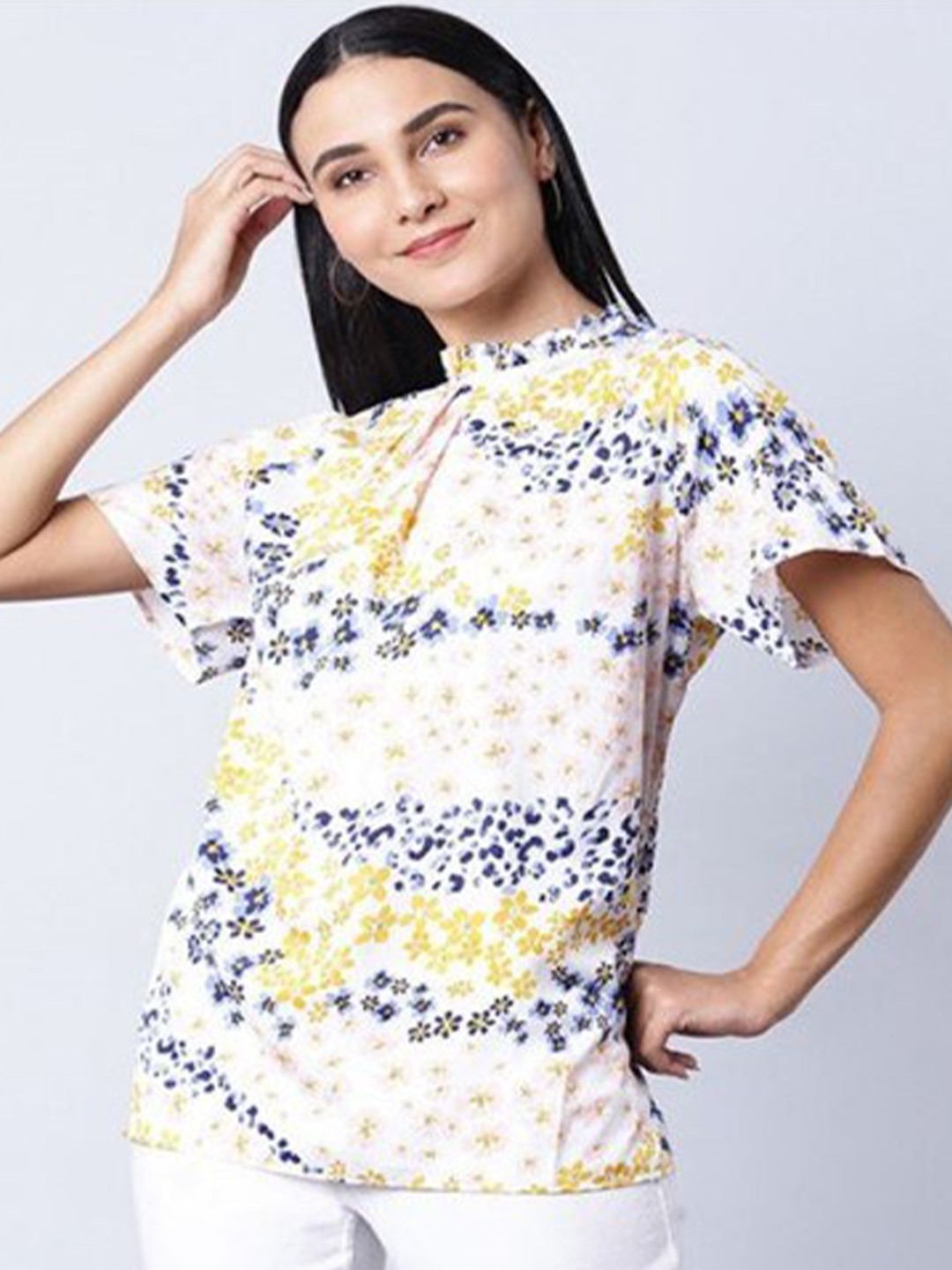 

Aila Floral Printed High Neck Cotton Top, White