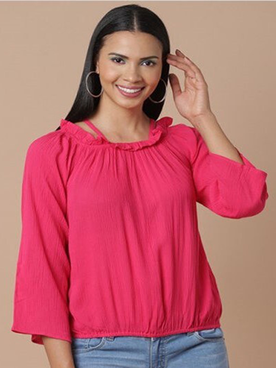 

Aila Round Neck Flared Sleeves Cotton Top, Pink