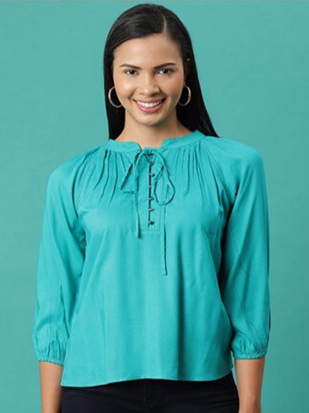 

Aila Tie-Up Neck Raglan Sleeves Top, Navy blue