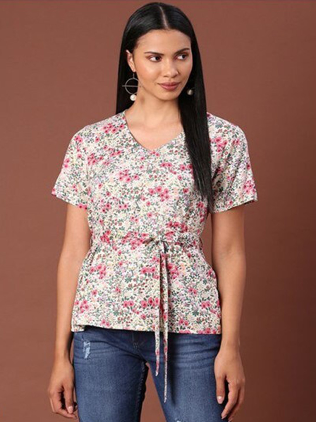 

Aila Floral Print V-Neck Waist Tie-Ups Cotton Regular Top, White