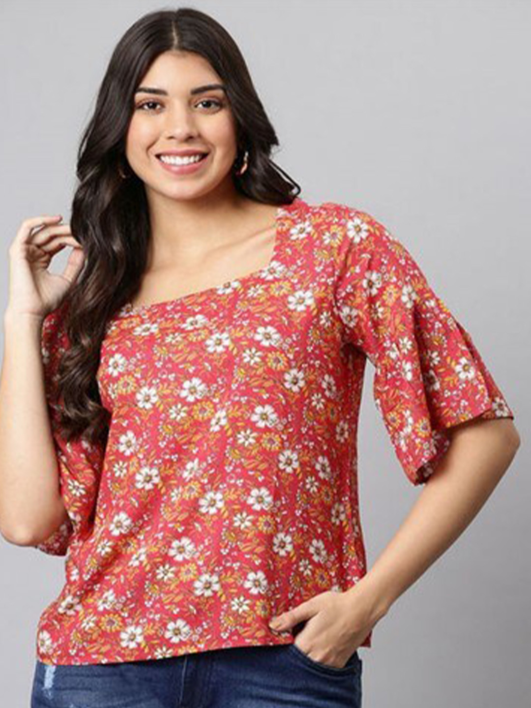 

Aila Floral Printed Square Neck Flared Sleeves Top, Red