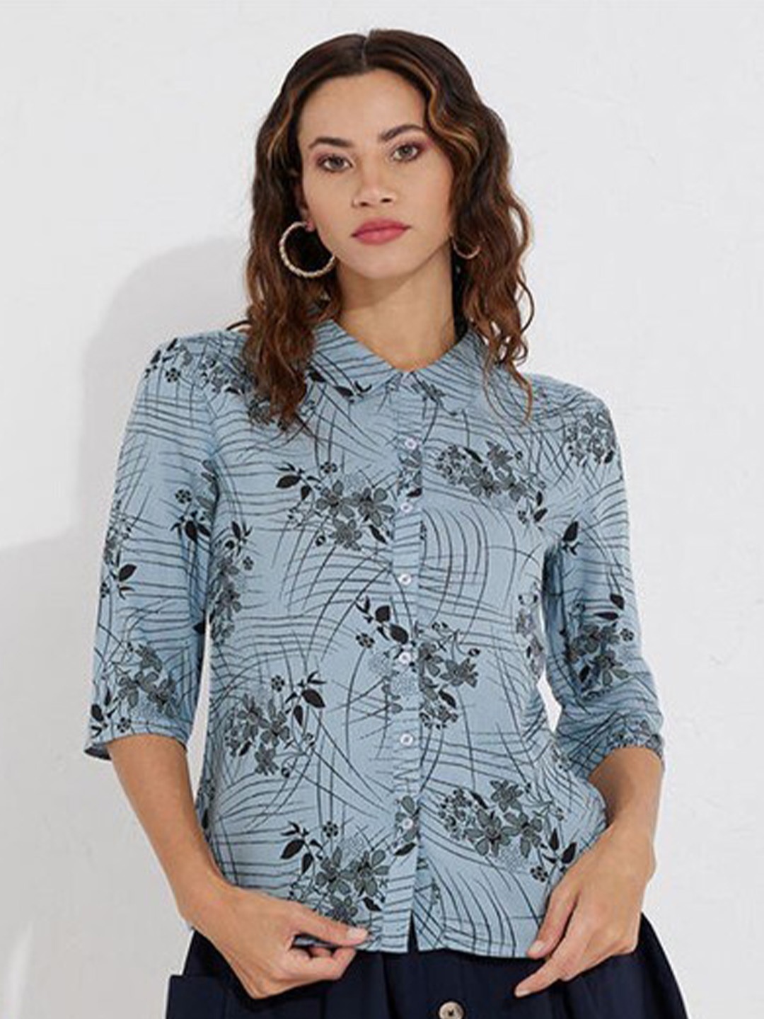 

Aila Floral Printed Cotton Shirt Style Top, Blue