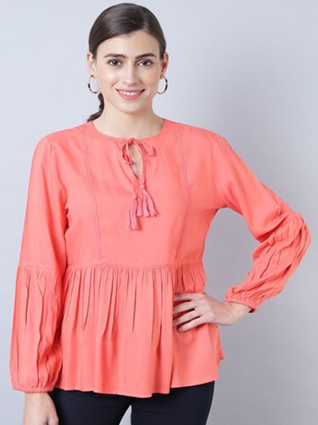 

Aila Peach-Coloured Keyhole Neck long Top
