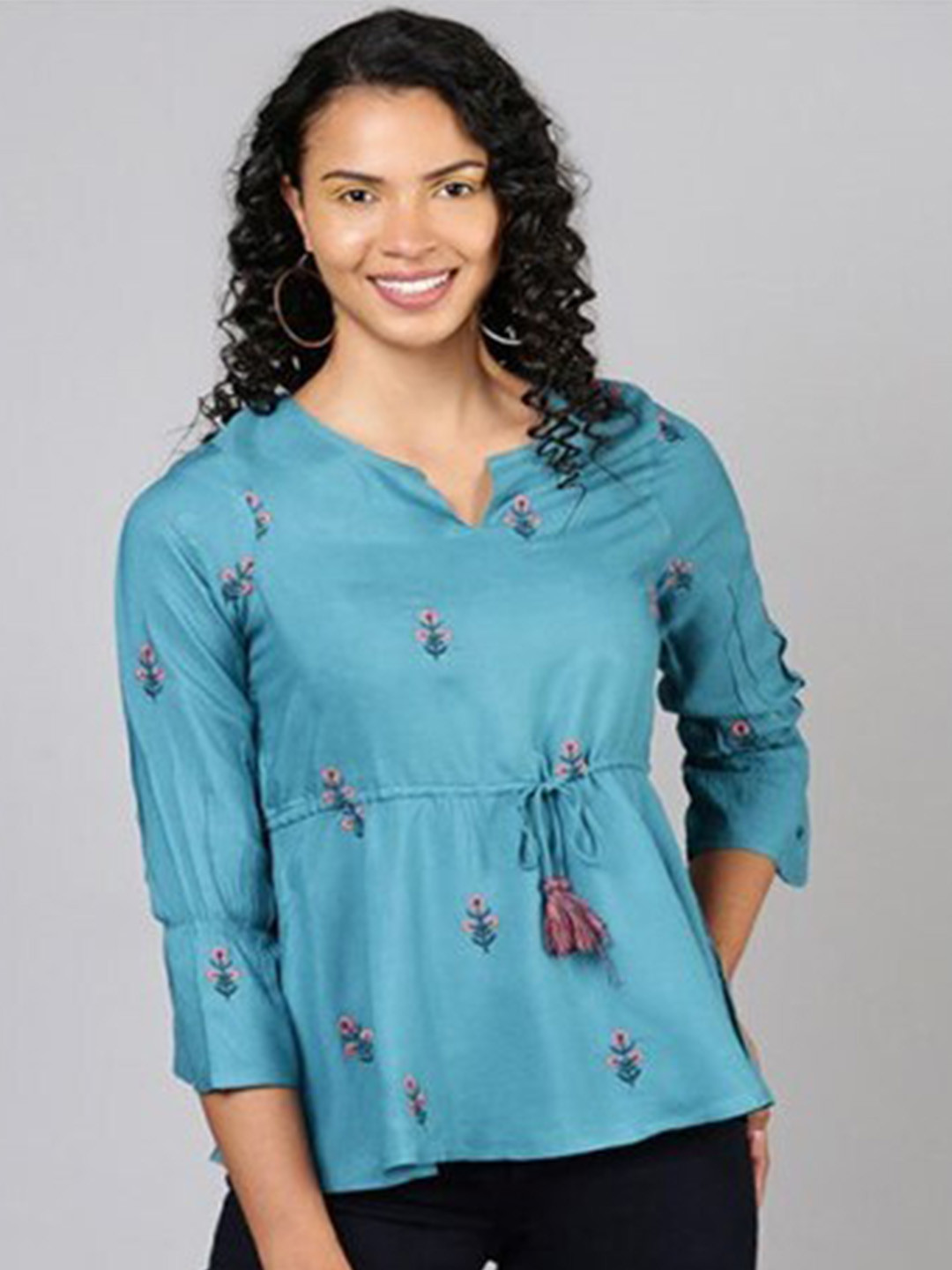 

Aila Floral Printed Bell Sleeves Peplum Top, Teal