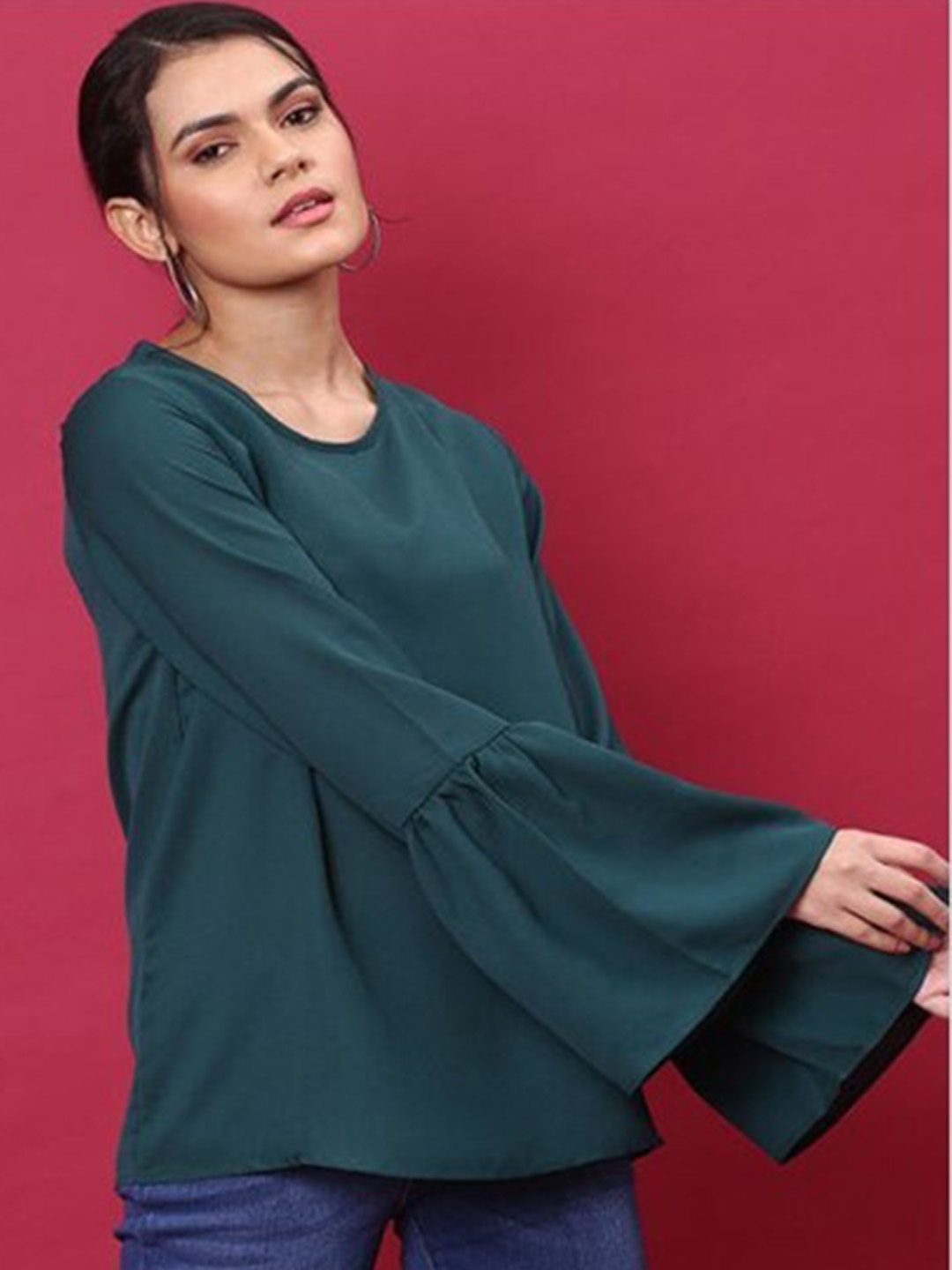 

Aila Bell Sleeves Cotton Top, Green