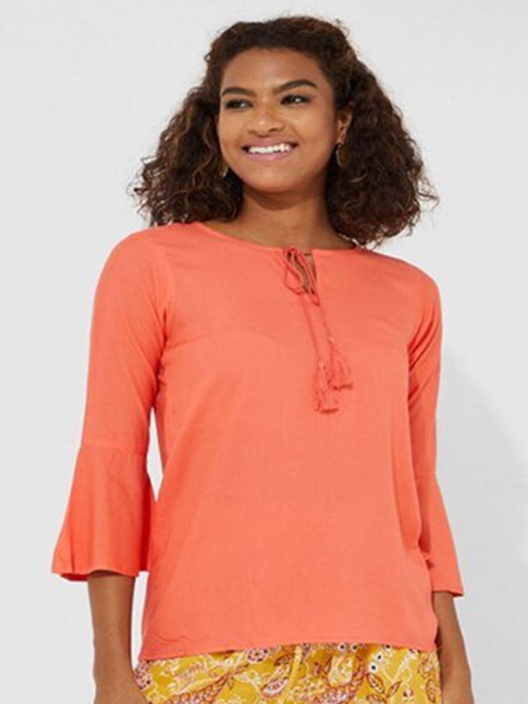 

Aila Tie Up Neck Bell Sleeves Cotton Top, Pink