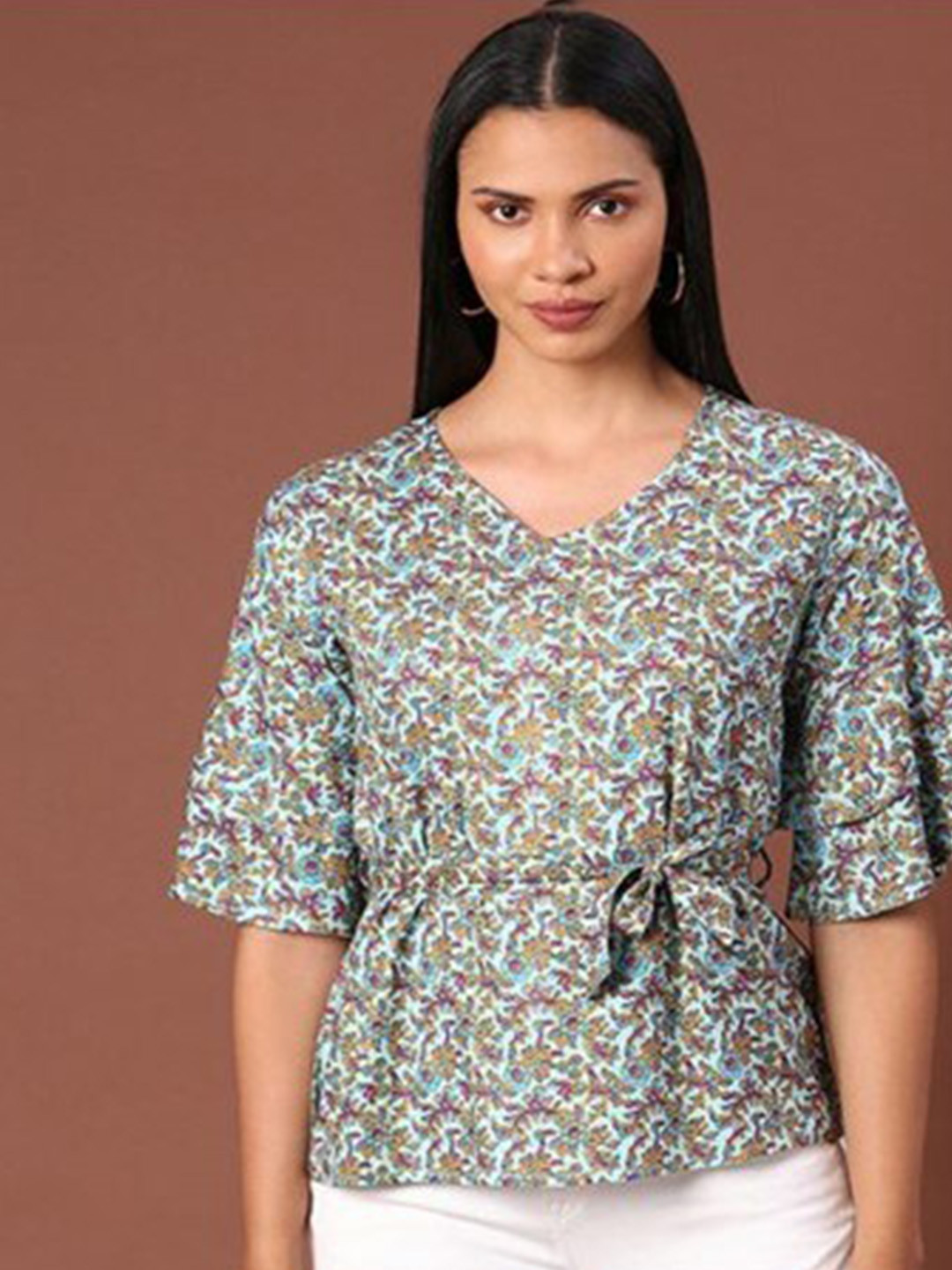

Aila Ethnic Motifs Printed Cotton Top, Turquoise blue