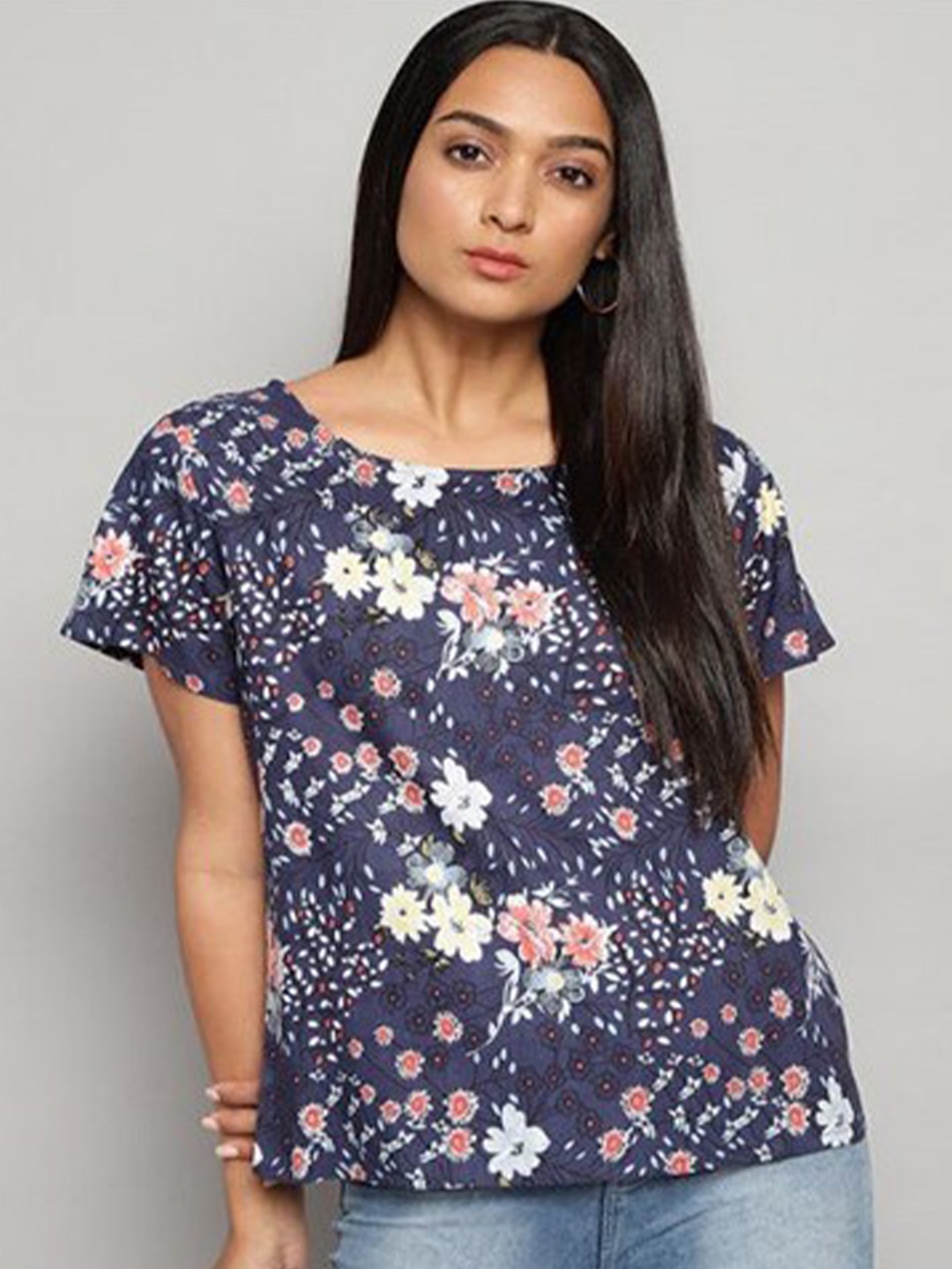 

Aila Floral Printed Round Neck Short Sleeves Cotton Top, Navy blue