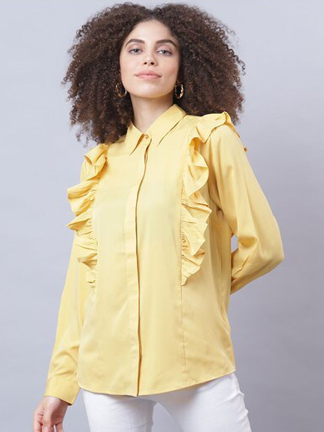 

Aila Shirt Collar Cuffed Sleeves Ruffles Shirt Style Top, Yellow