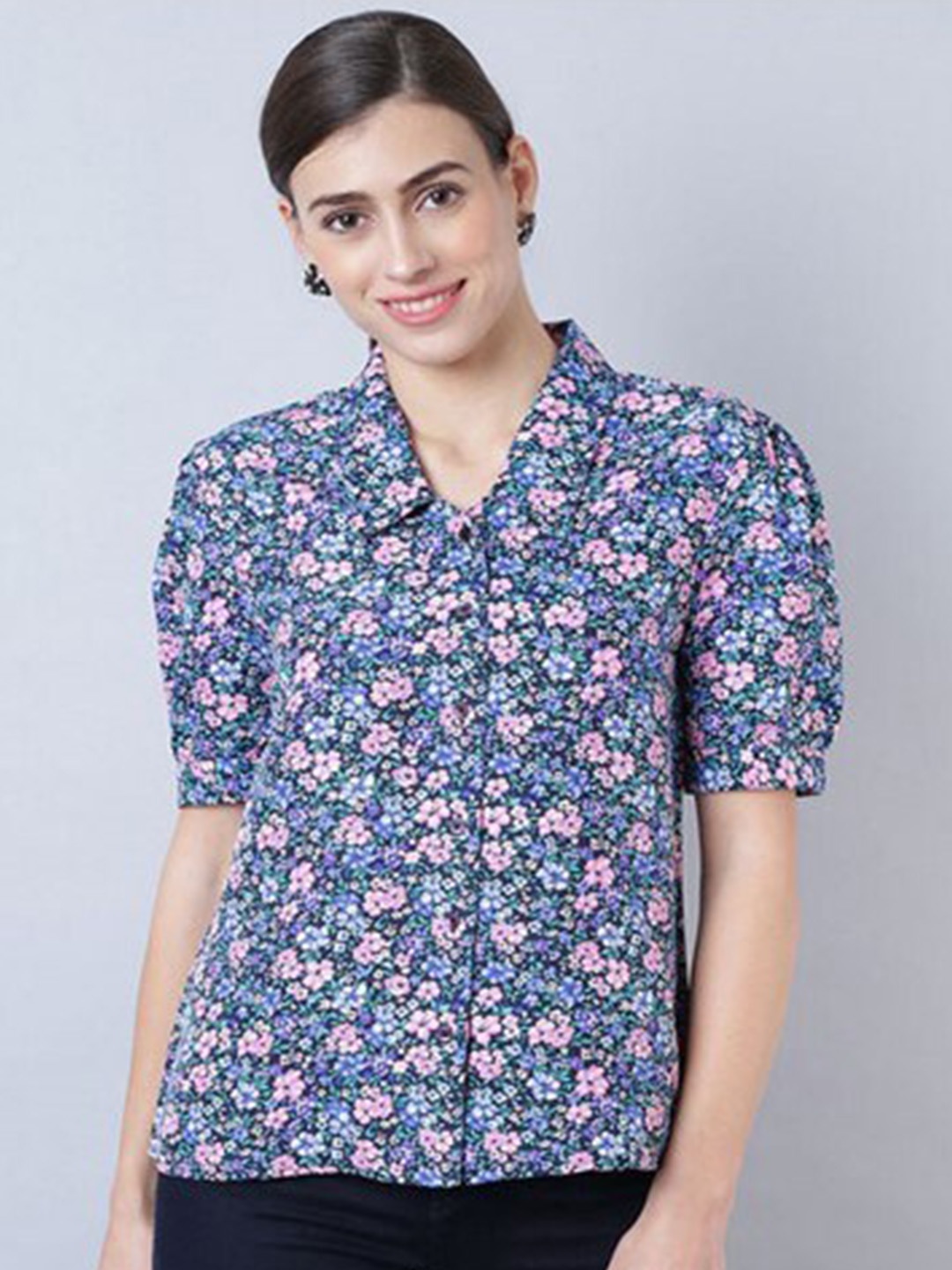 

Aila Floral Printed Shirt Collar Puff Sleeves Shirt Style Top, Blue