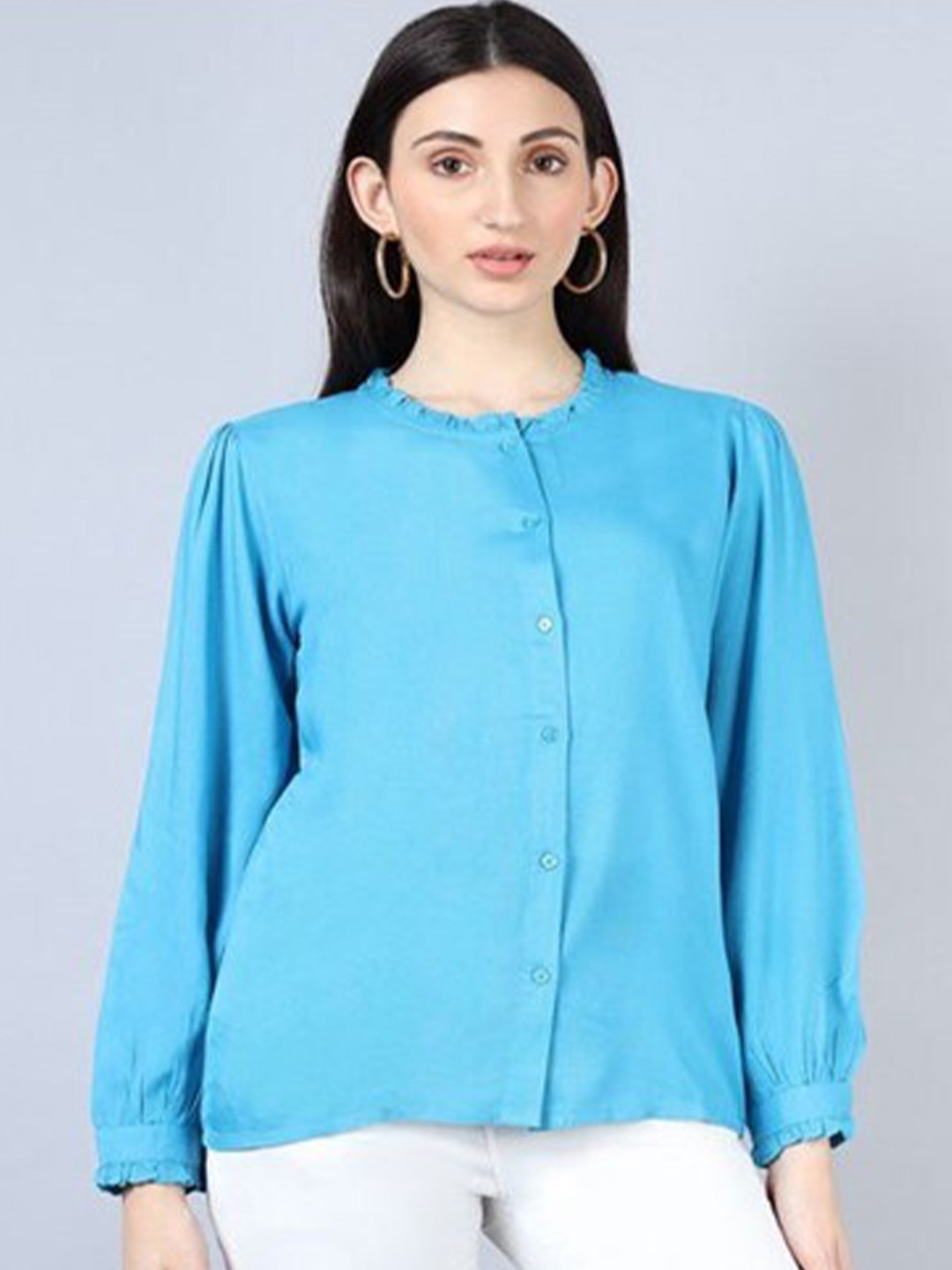 

Aila Round Neck Cuffed Sleeves Shirt Style Top, Blue