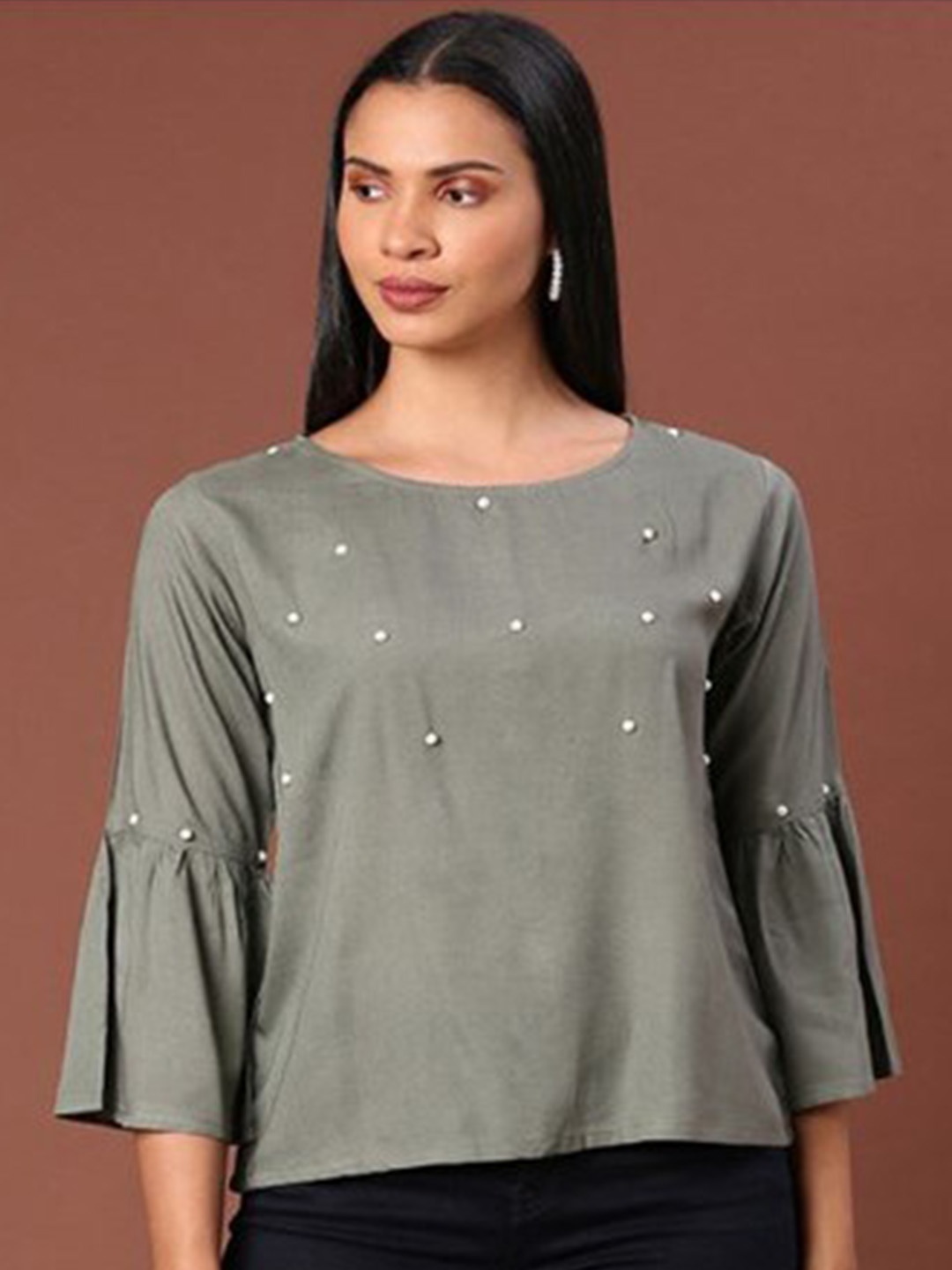 

Aila Embellished Bell Sleeve Cotton Top, Green