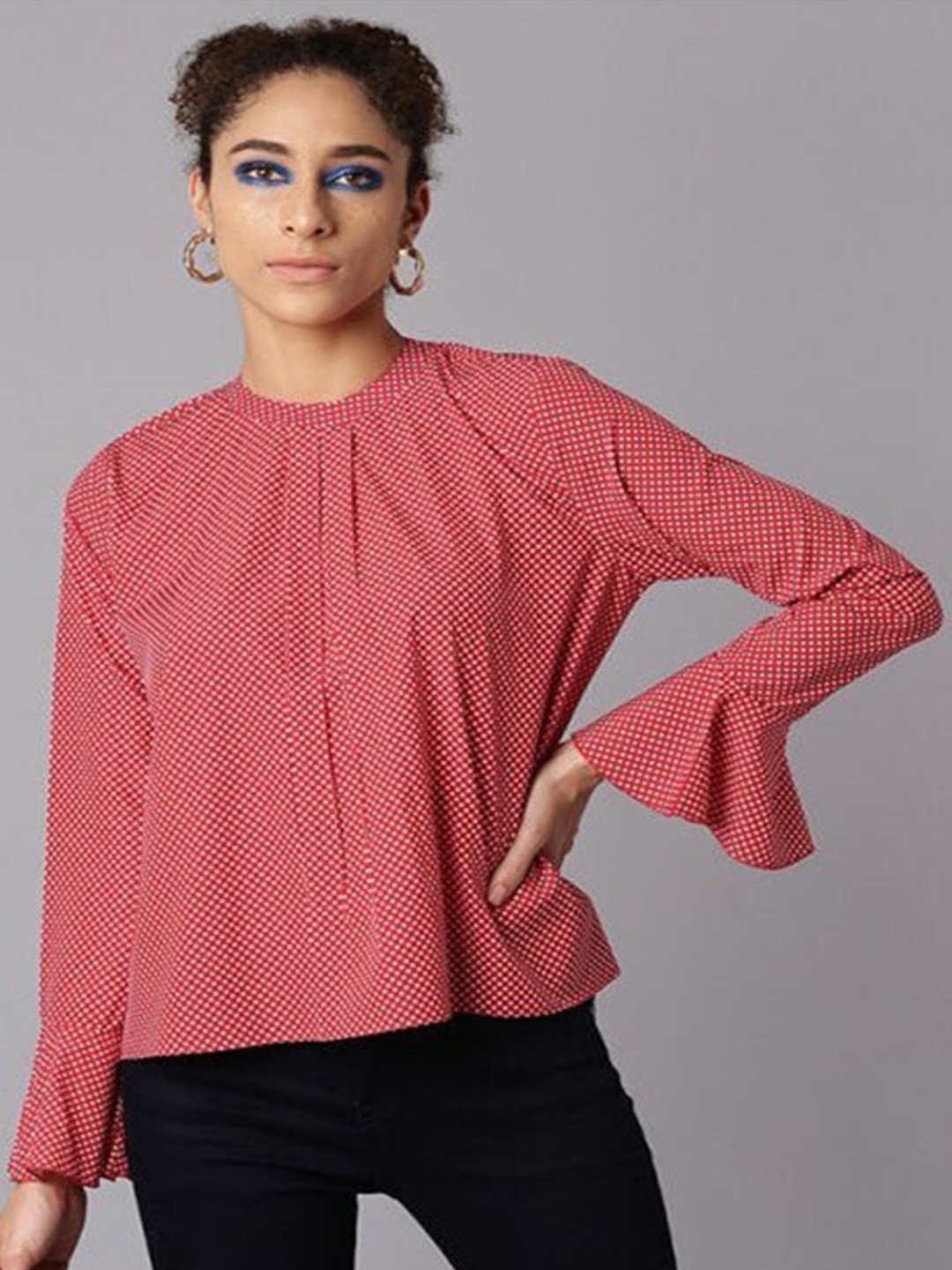

Aila Polka Dots Printed Bell Sleeves Cotton Top, Red