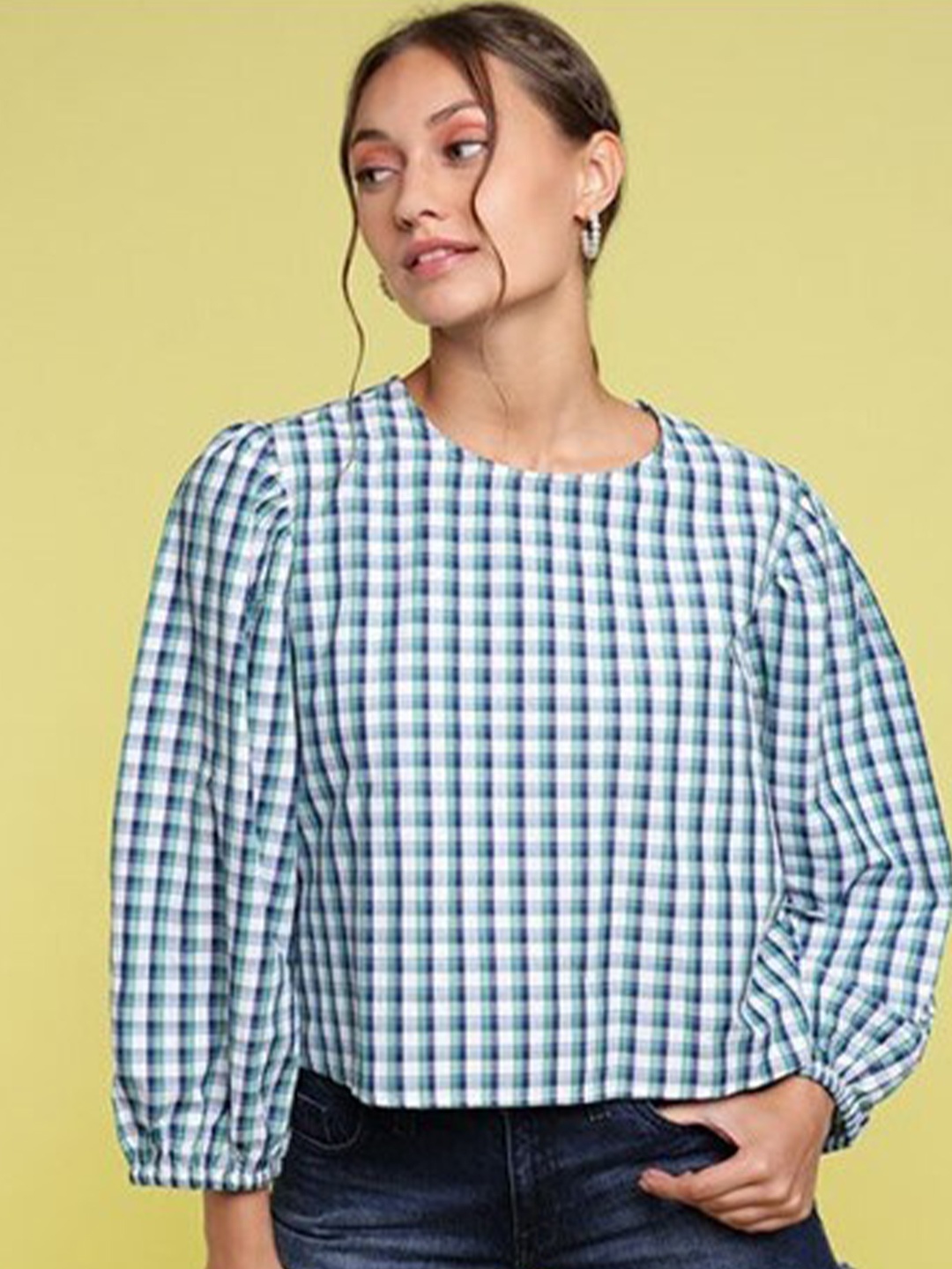 

Aila Checked Cotton Regular Top, Blue