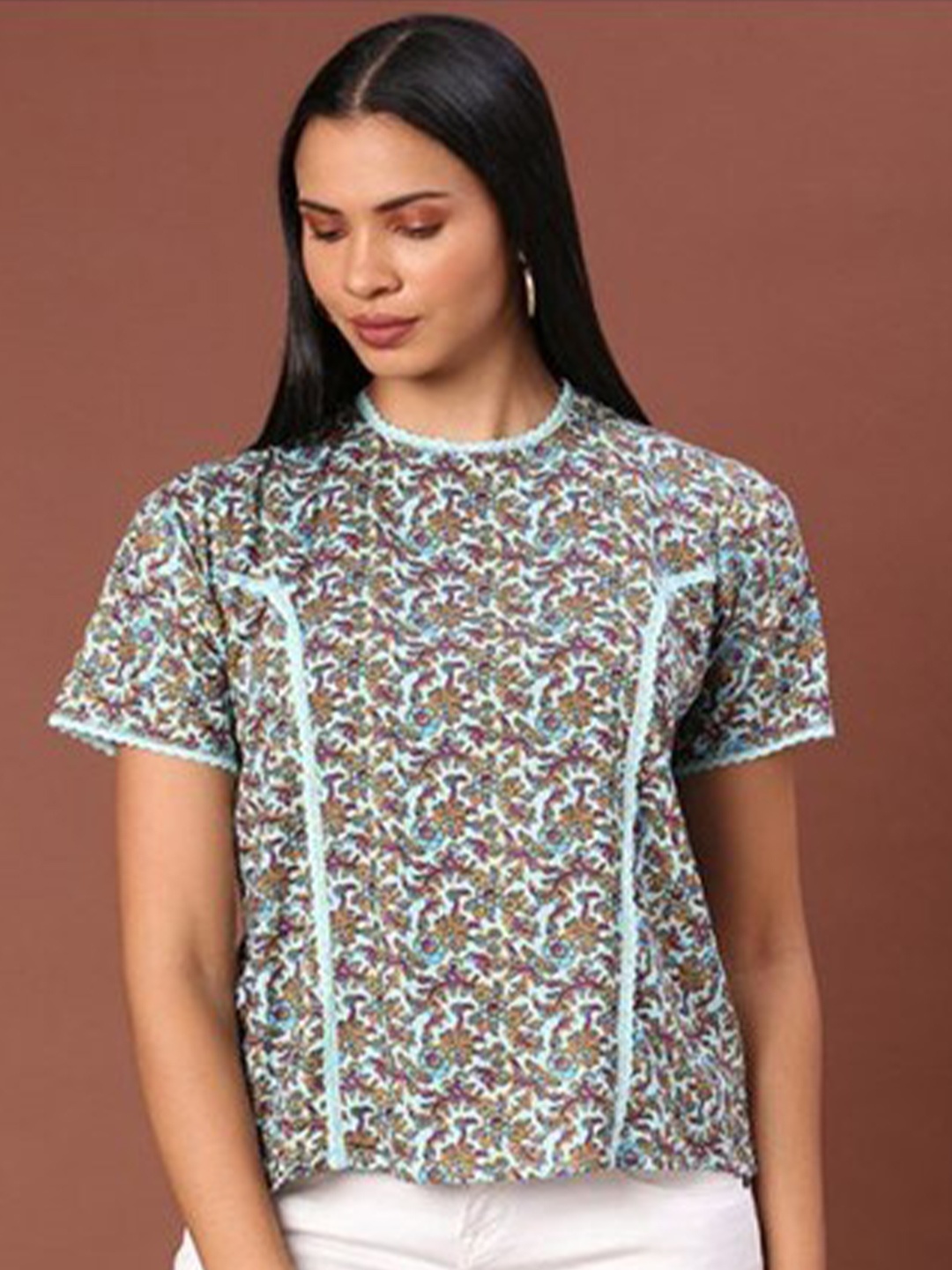 

Aila Ethnic Motifs Printed Cotton Regular Top, Turquoise blue
