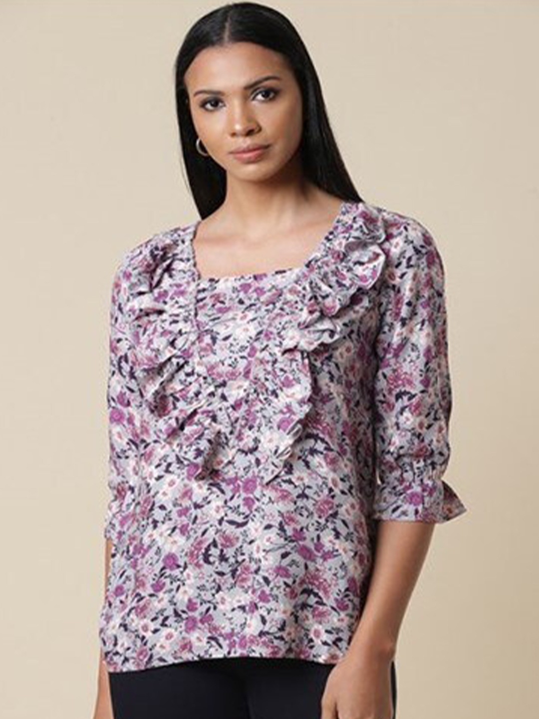 

Aila Floral Printed Ruffles Cotton Top, Blue