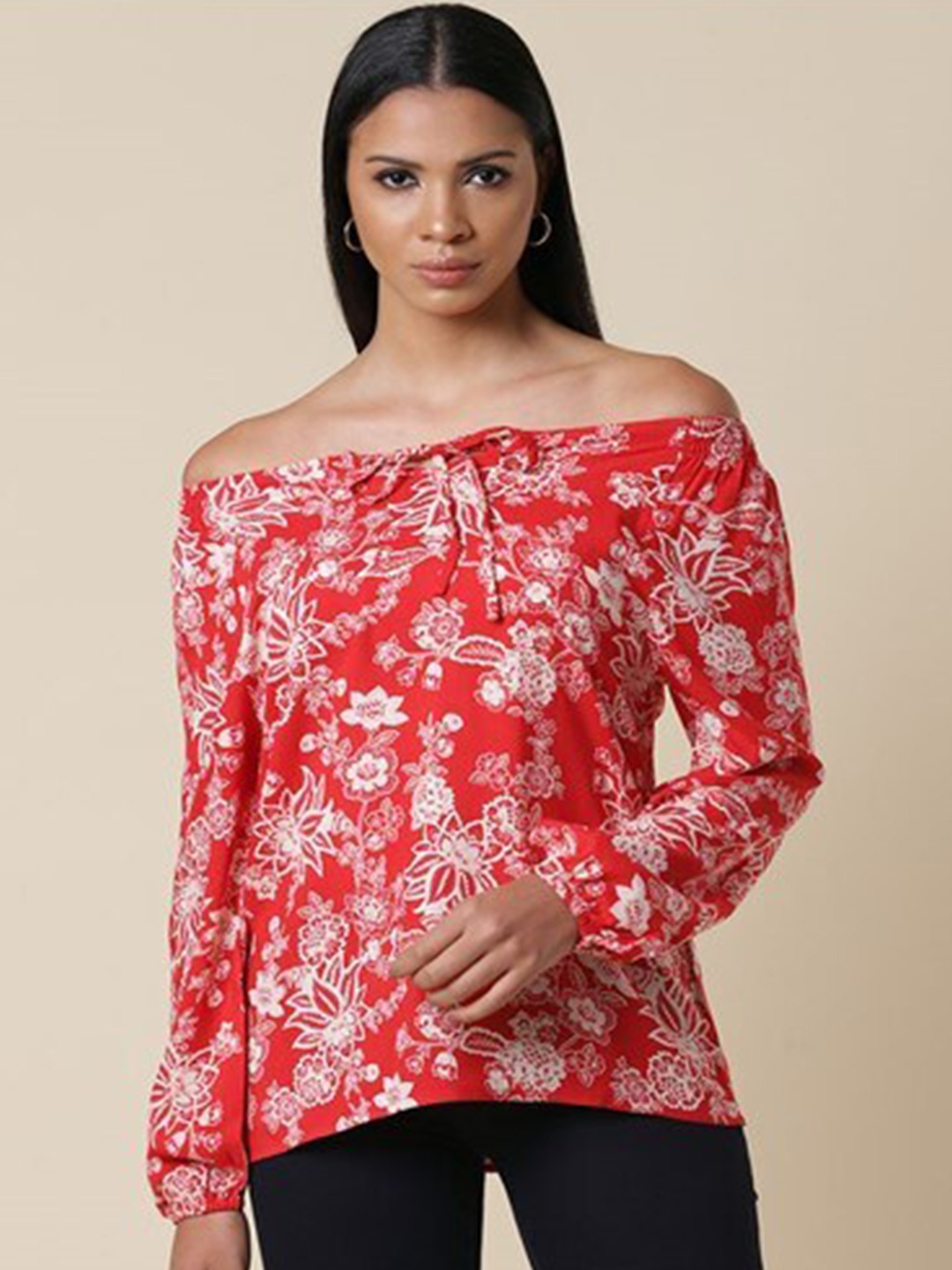 

Aila Floral Printed Off-Shoulder BardotTop, Red
