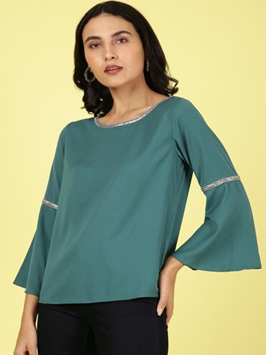 

Aila Bell Sleeves Cotton Regular Top, Green