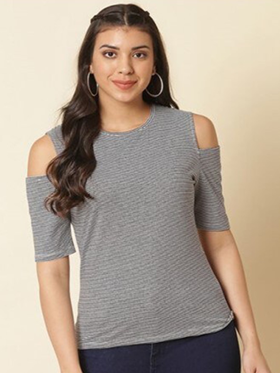 

Aila Striped Cold-Shoulder Cotton Top, Charcoal