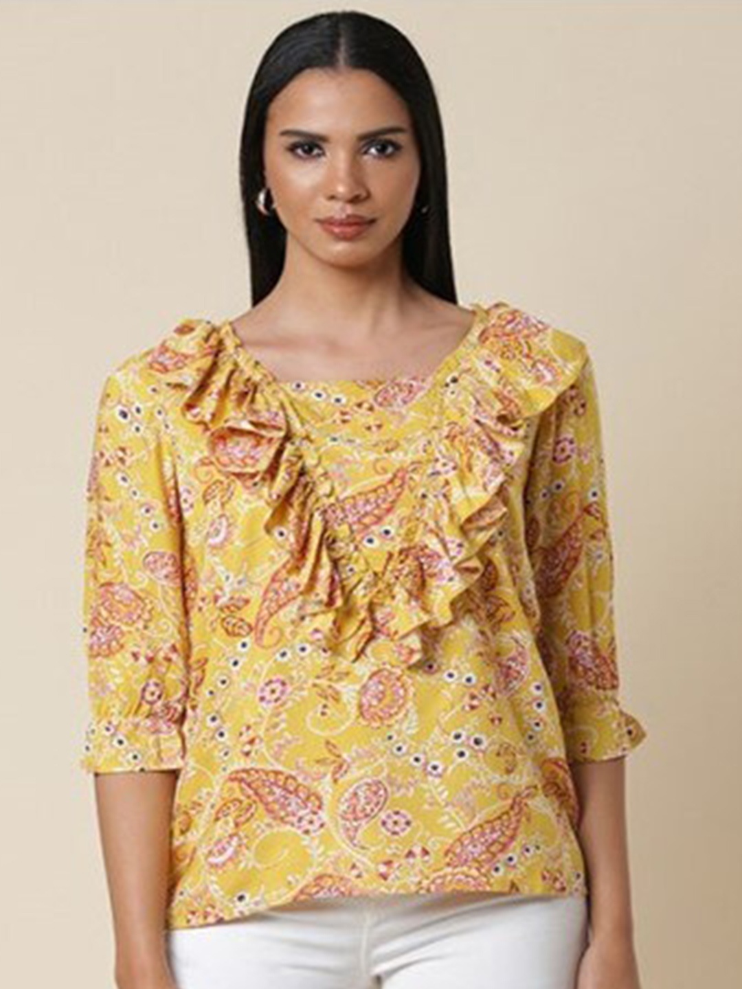 

Aila Floral Printed Square Neck Ruffles Top, Yellow