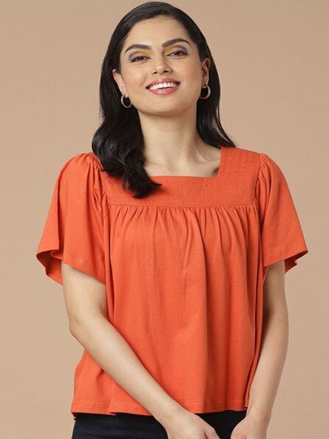 

Aila Square Neck Flared Sleeves Cotton Top, Orange