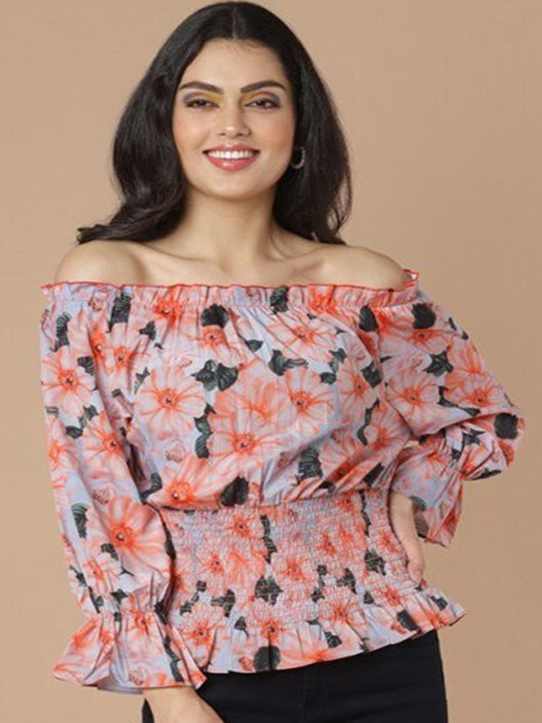 

Aila Floral Printed Off-Shoulder Bell Sleeves Cotton Bardot Top, Red