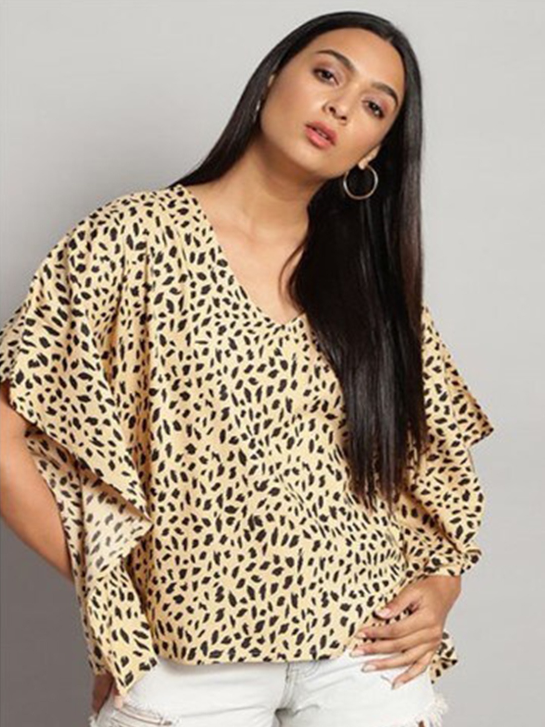 

Aila Animal Printed Kimono Sleeves Cotton Kaftan long Top, Beige