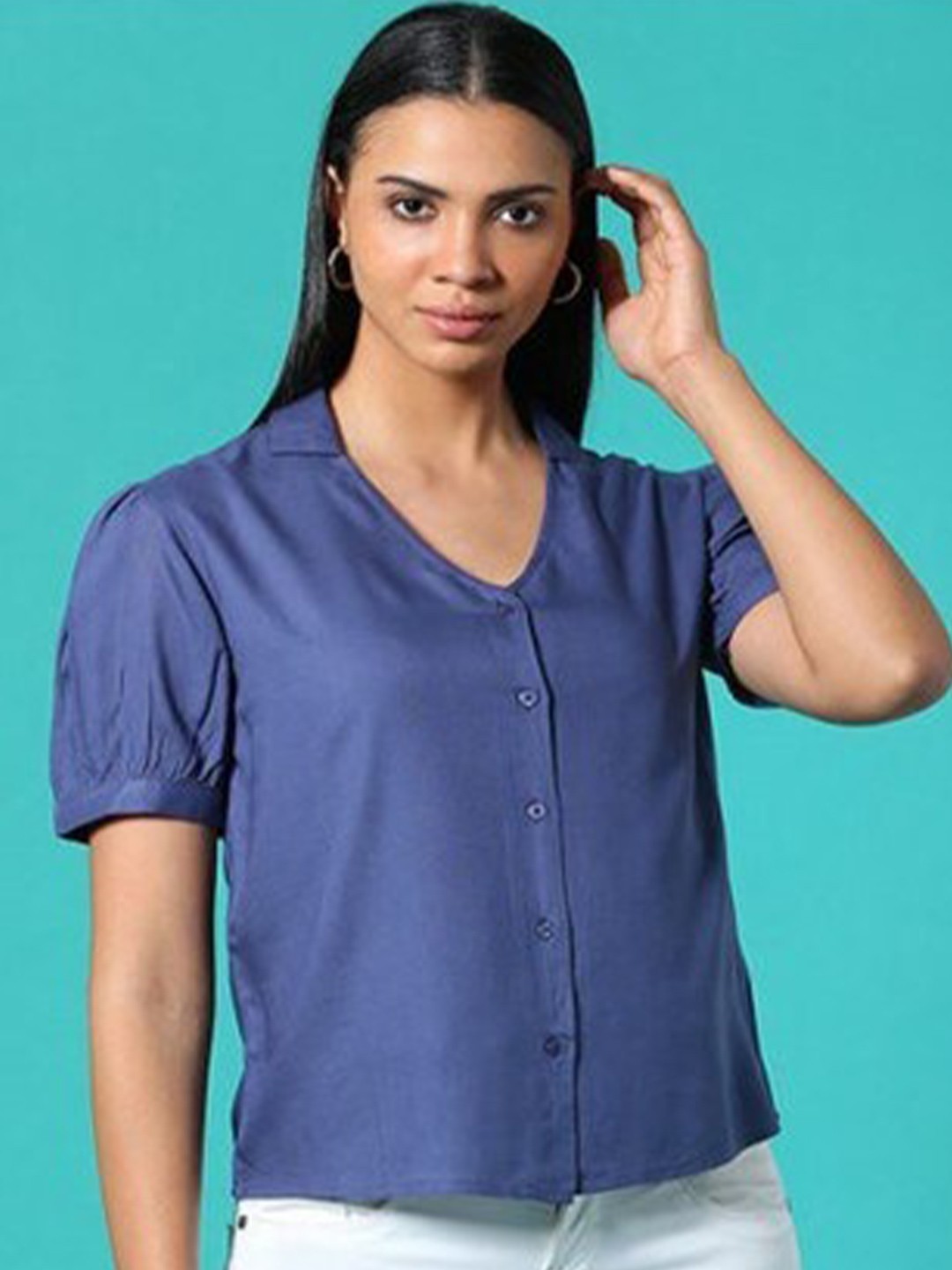 

Aila Puff Sleeve Cotton Shirt Style Top, Navy blue