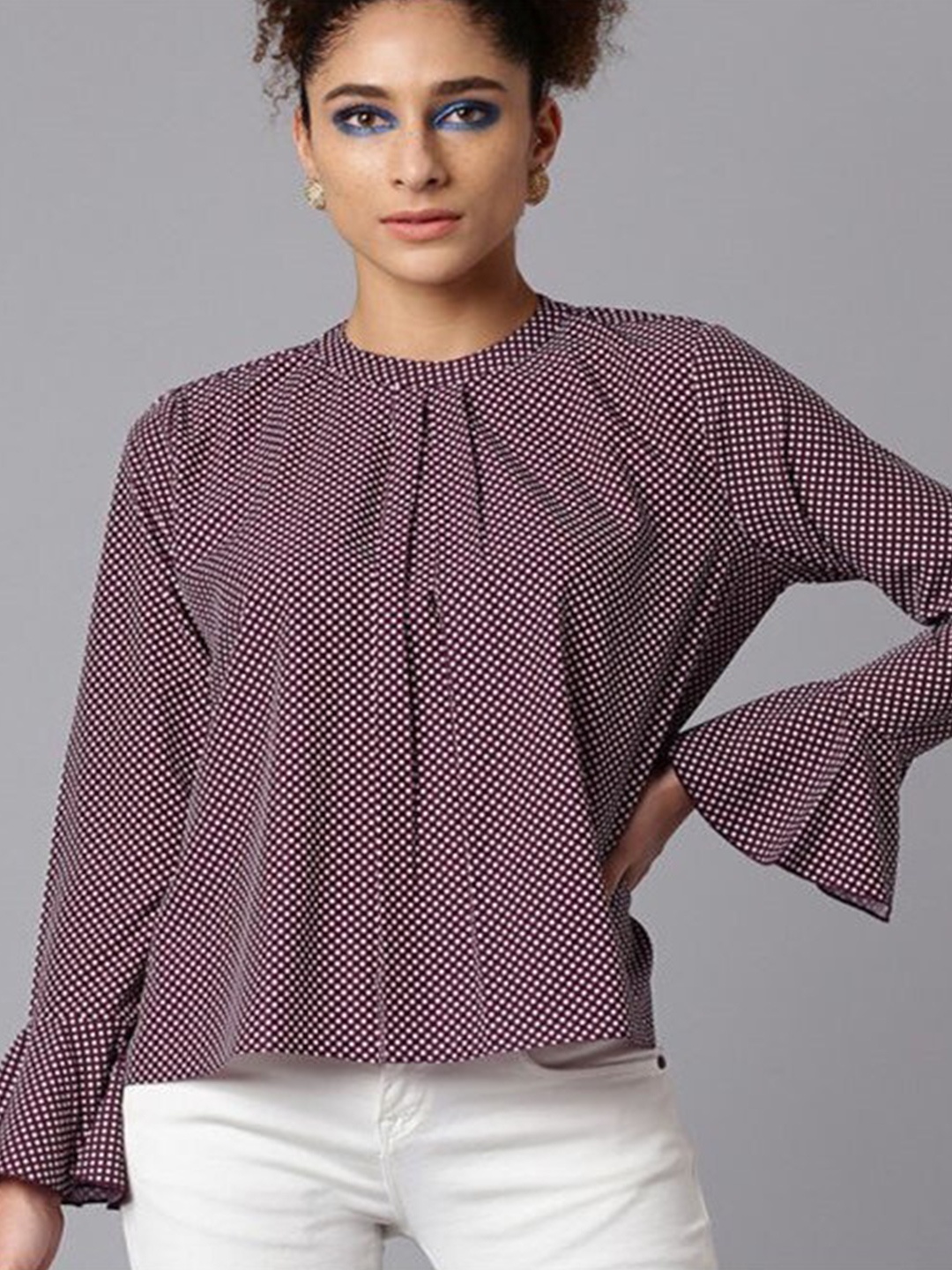 

Aila Geometric Printed Bell Sleeve Cotton Top, Burgundy