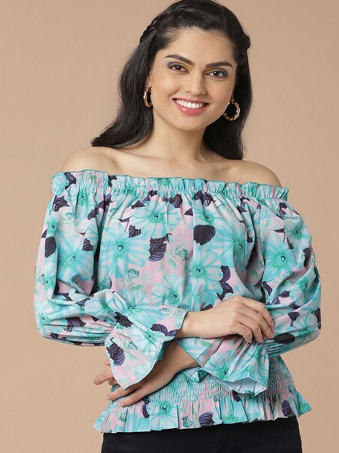 

Aila Floral Printed Off-Shoulder Bell Sleeves Smocked Bardot Top, Green