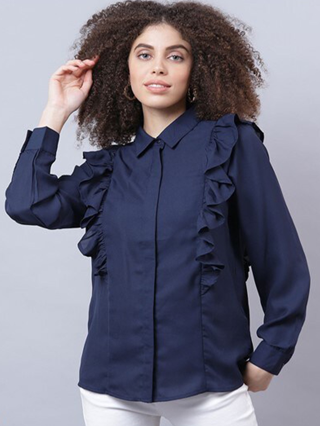 

Aila Cuffed Sleeves Ruffles Shirt Style Top, Navy blue